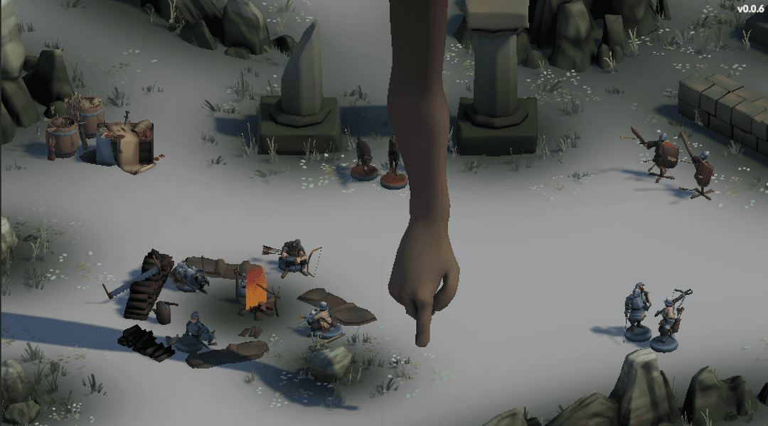 A giant hand points down in a scene with multiple objects placed.