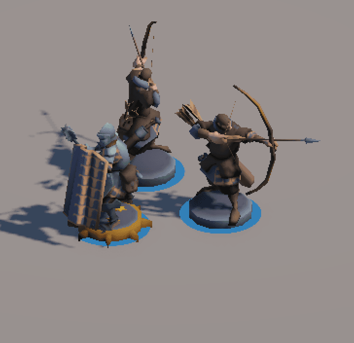 Three characters standing back to back. Each has a blue ring around their feet. One has a golden highlight around their base.