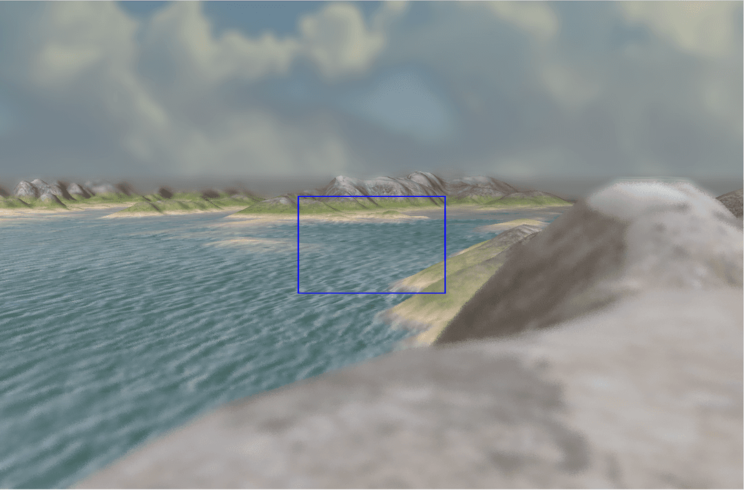 Foreground and sky are blurred, in the center of the image a blue box is shown that represents the focus area.