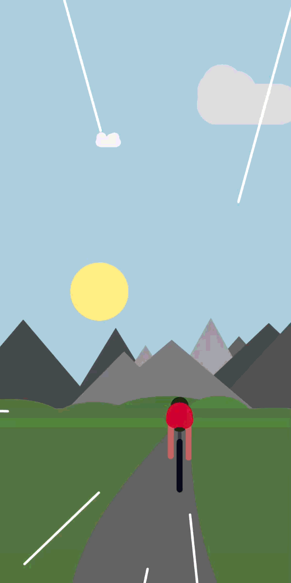 Cyclist moving infinitely towards mountains.