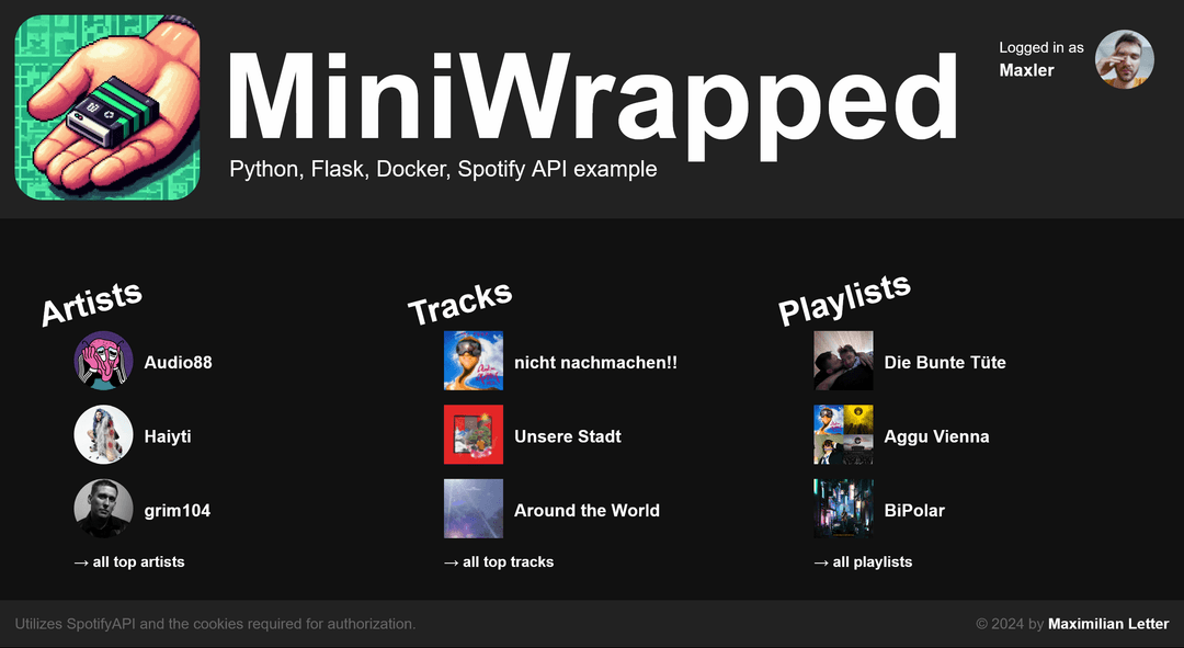 Screenshot of the Webapplication. Header in the top showing whose data is used, main content showing a list of artists, tracks, and playlists.