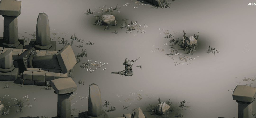 A knight standing between objects and grass