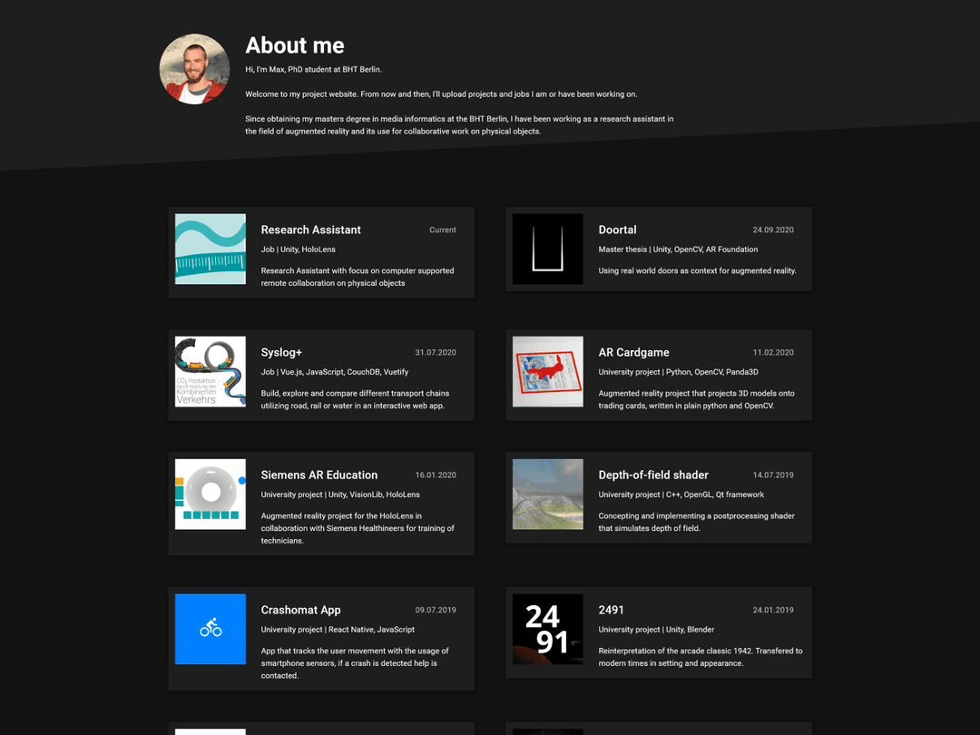 Website screenshot showing projects as cards.