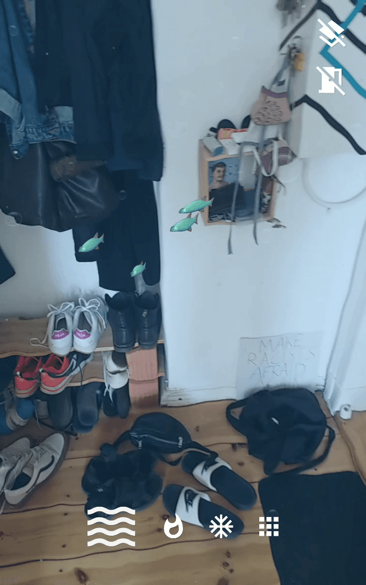 Camera view showing real world in bluish colors and fish swimming around.