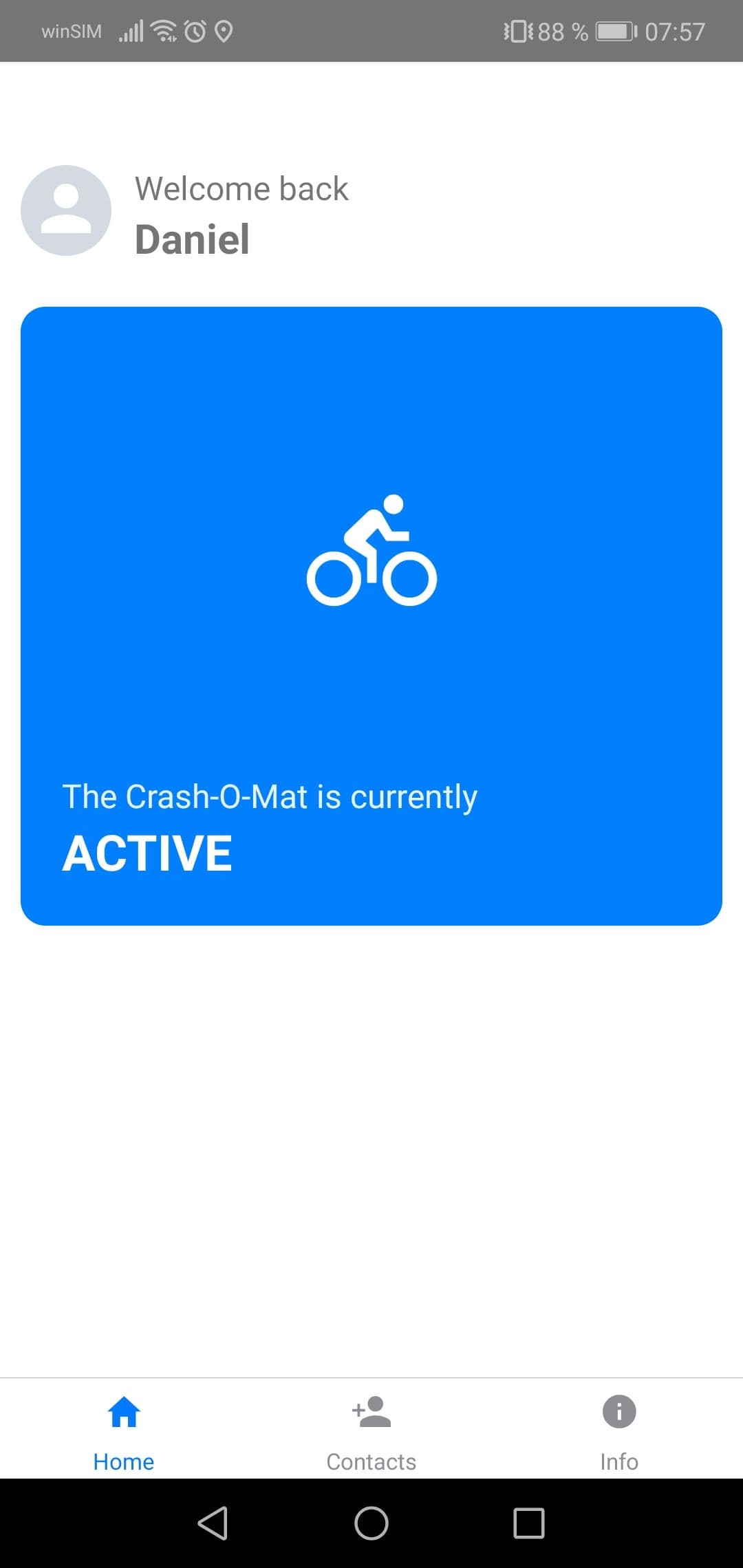 Home screen with giant blue button.