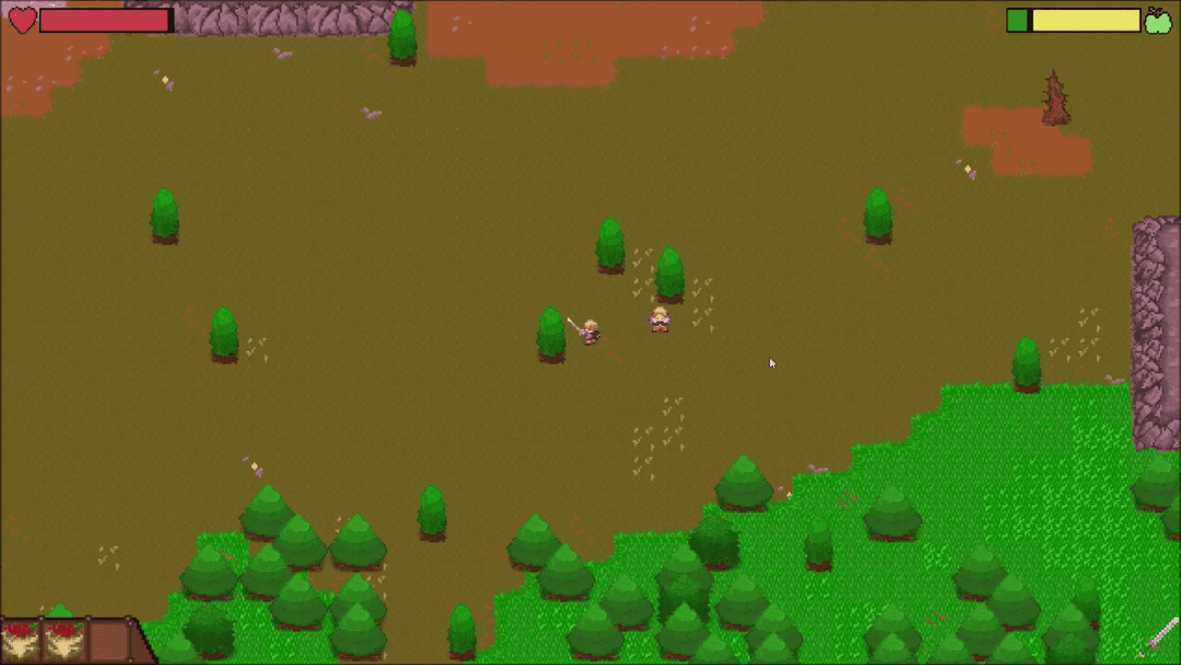 Screenshot of the game, two players next to each other surrounded by trees.