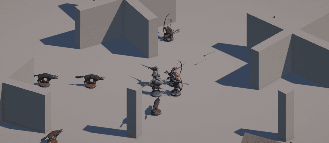 Four characters standing back to back while wolves approach from different directions.