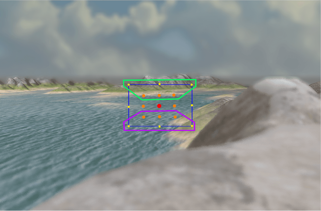 Foreground and sky are blurred, in the center of the image a blue box is shown with dots inside. All dots above the horizontal dots are marked as one area and the lower dots are marked as one.