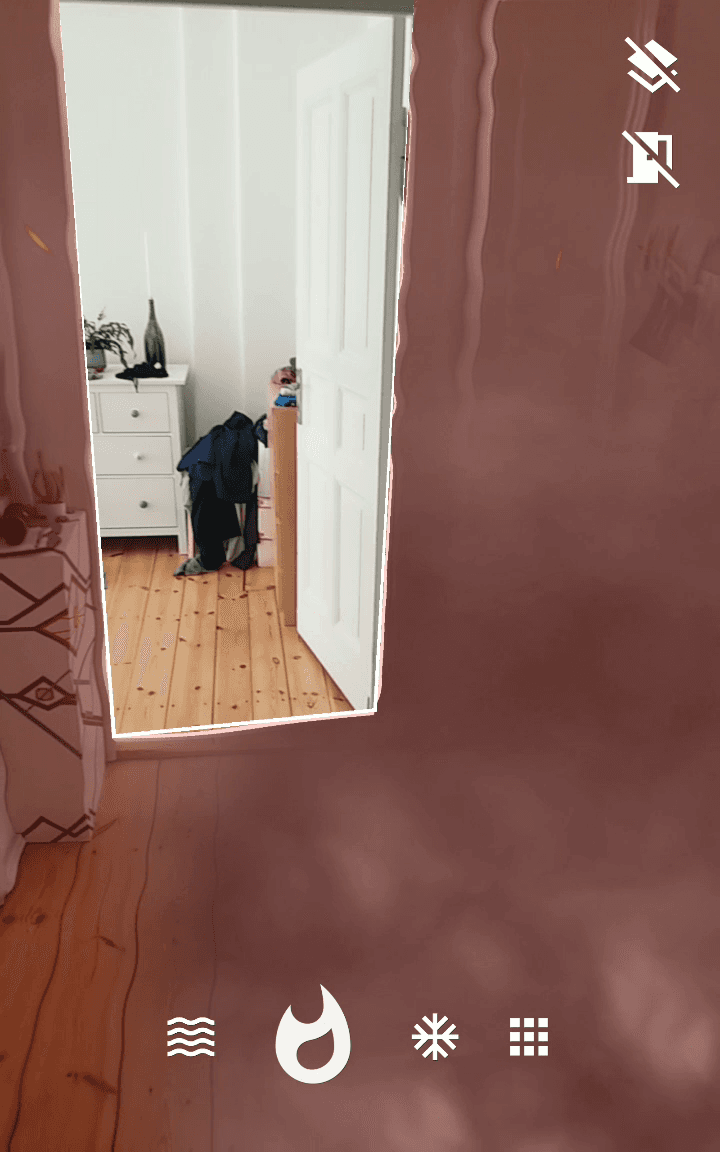 View from a fiery world outside in the real world through a portal in the doorframe.