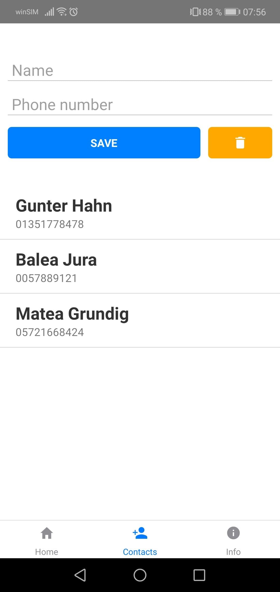 List of contacts and form to add a new one.