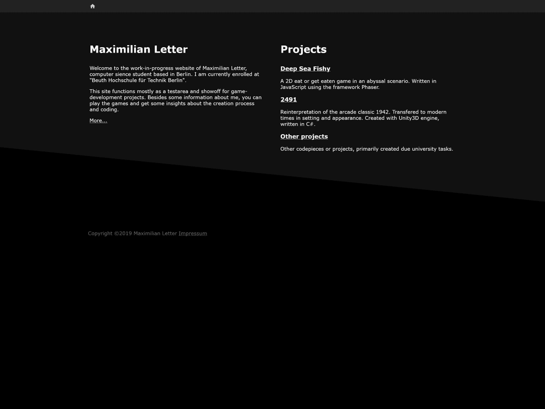 Website in dark skin, with projects being listed as text.