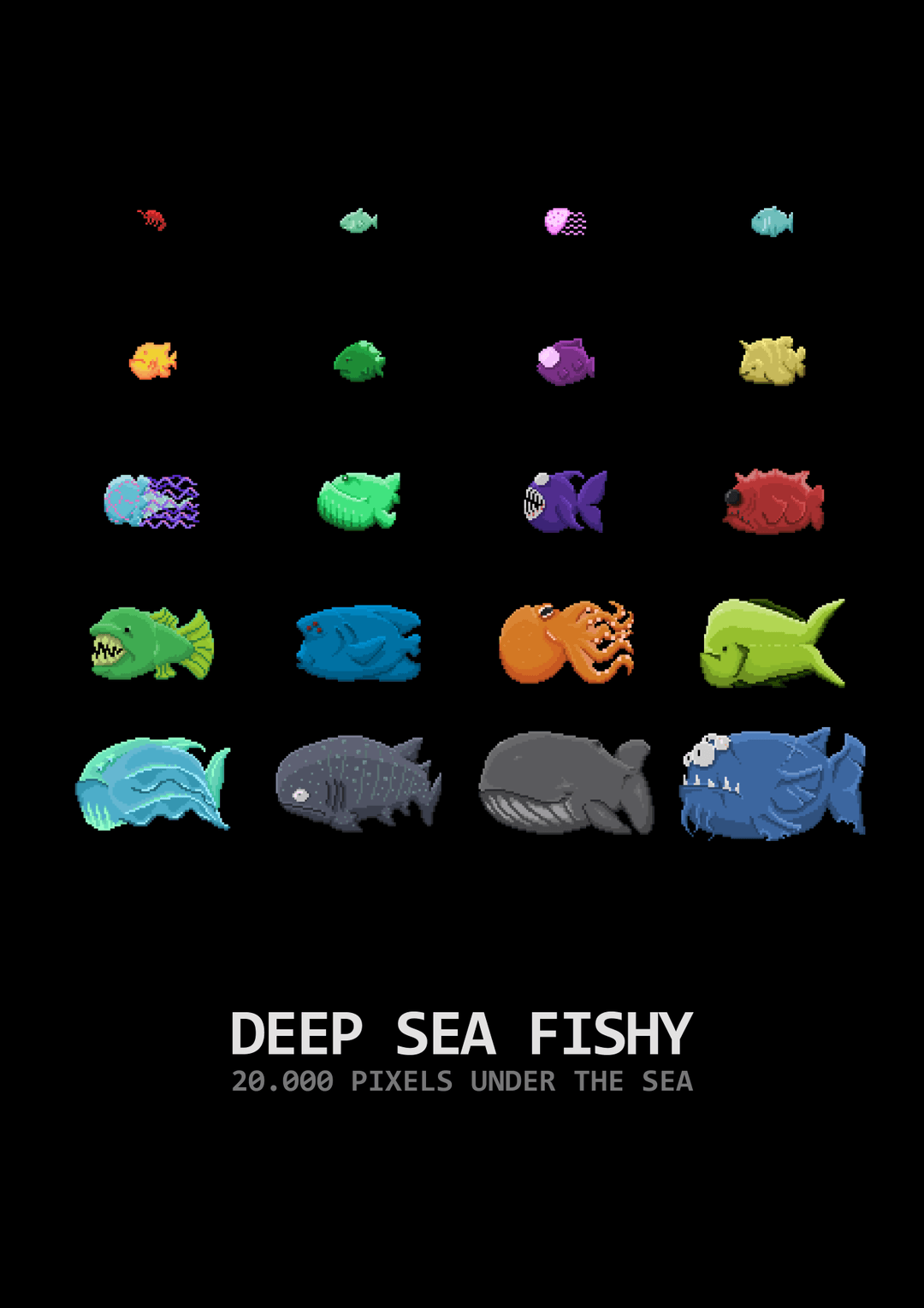 16 fishes in a grid with the text showing underneath: DEEP SEA FISHY
