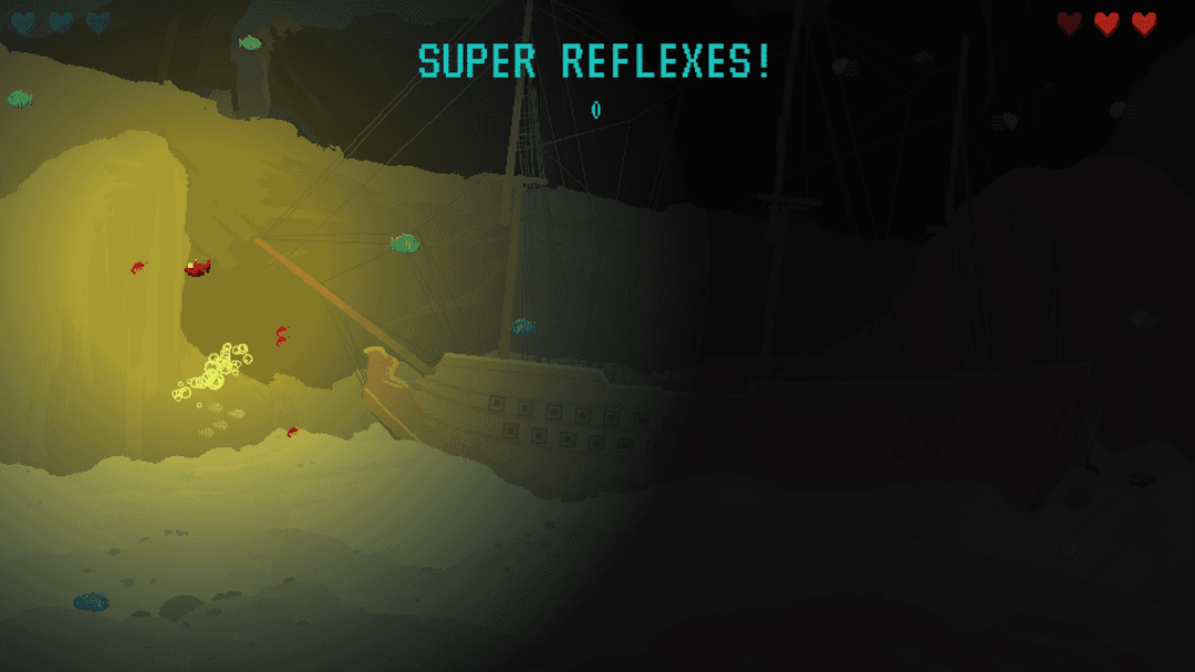 Showing a small fish with a big light area that colored in yellow. UI above says 'Super Reflexes'.