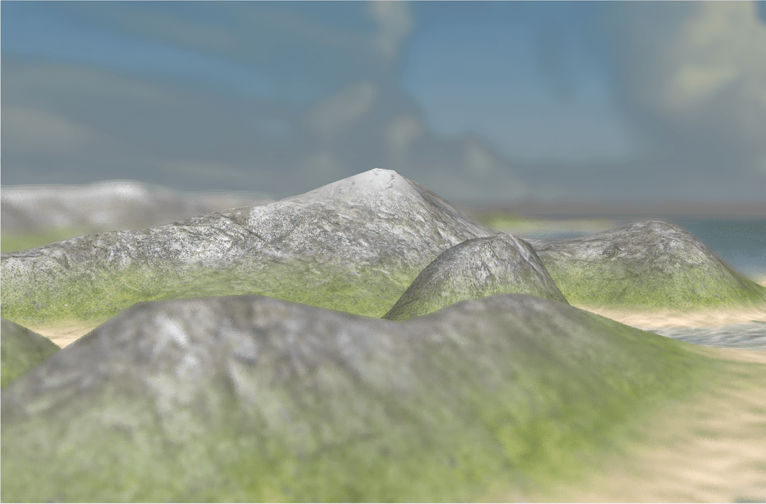 Focus on three hills with depth around them.