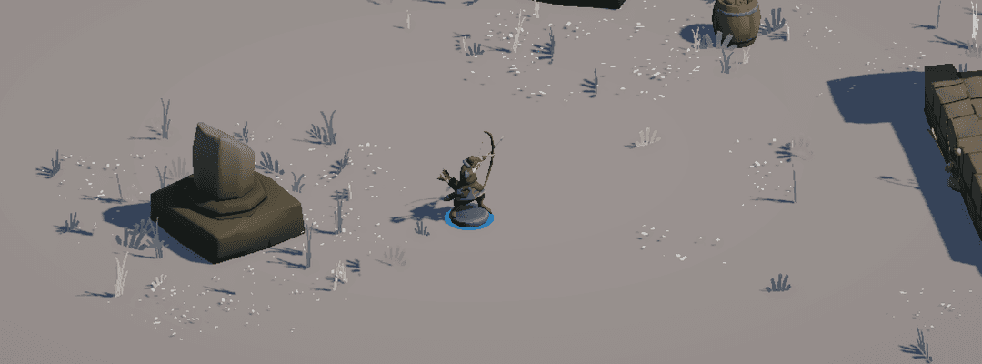 An archer stands between ruins. White grass grows around each building.