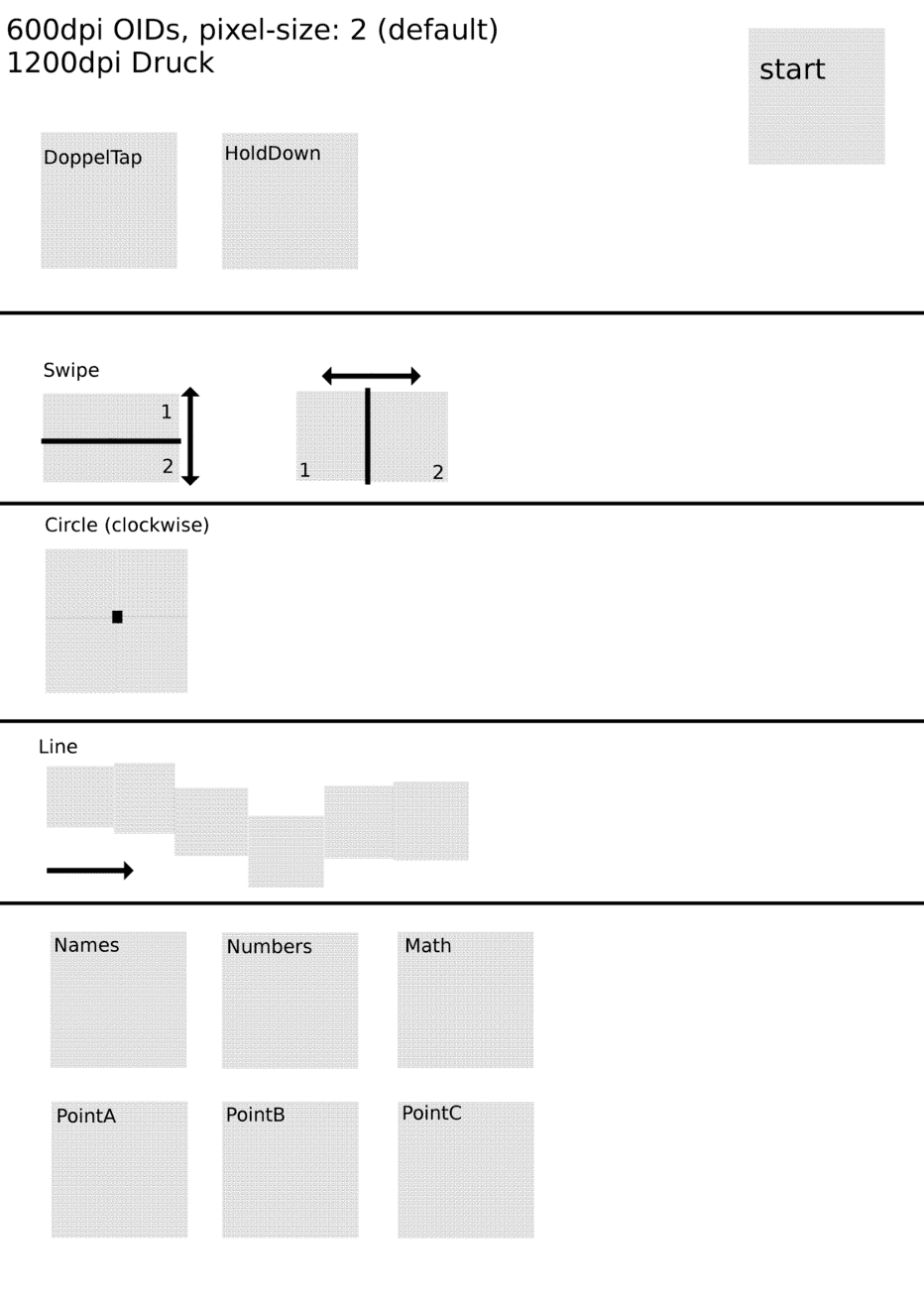 Printable object with different squares of dot patterns on it.