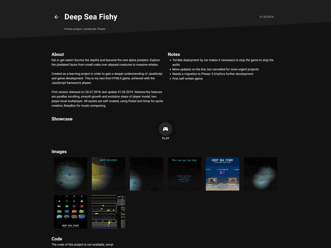 Website showing text, images, and a button to play the game.