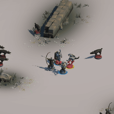 A group of characters standing in a circle while aggressive dogs approach.