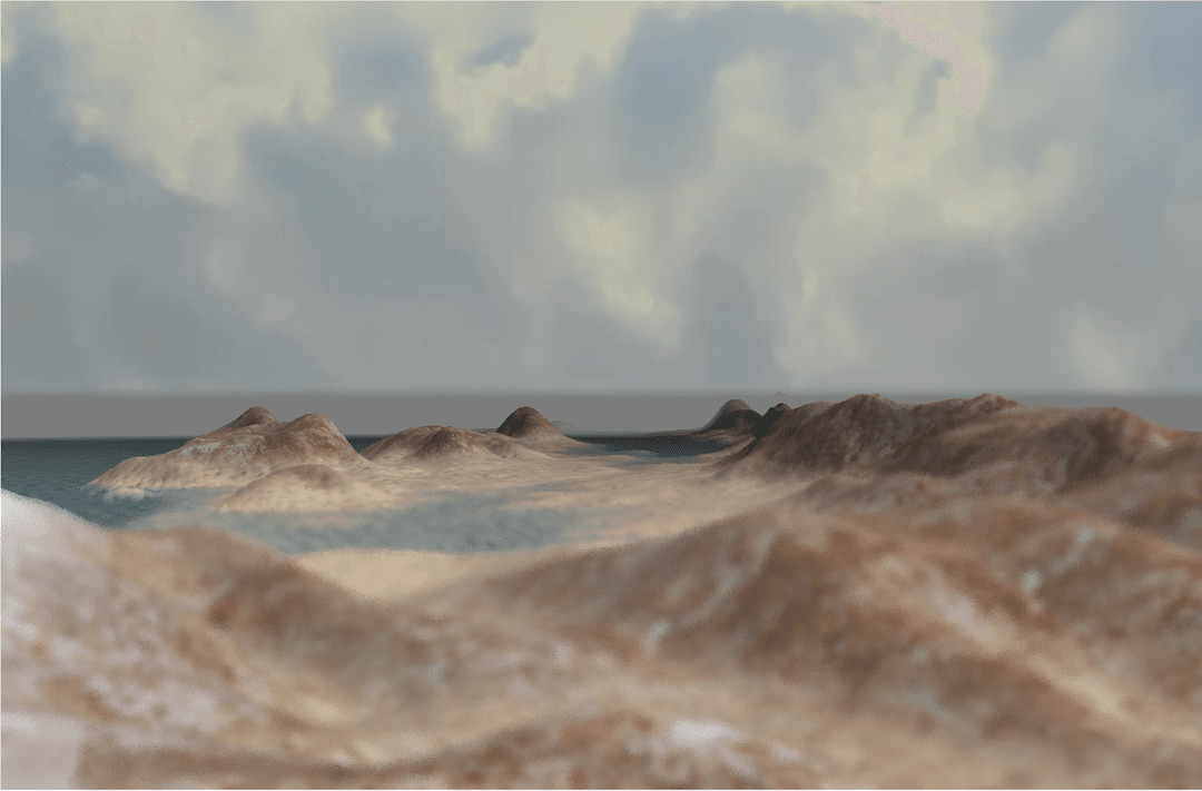 Red mountains in the foreground are blurred.