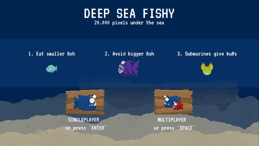 Main menu in a blue color palette showing instructions and buttons to start a singleplayer or multiplayer game.