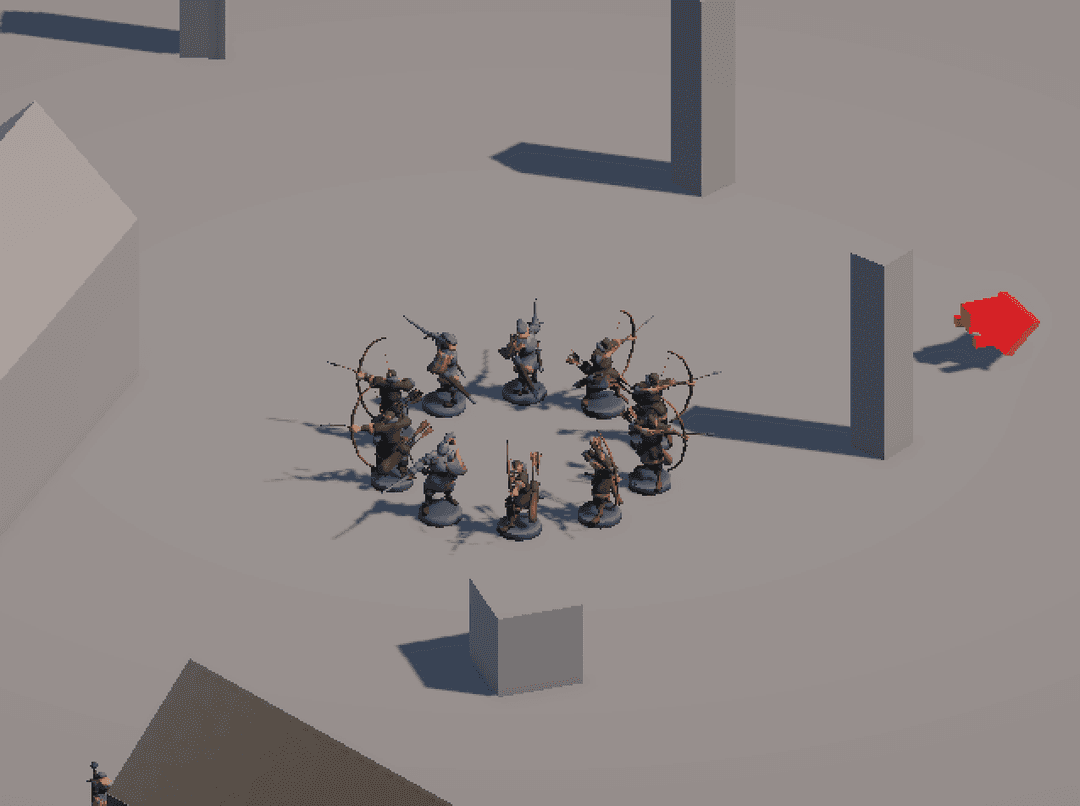 Characters standing in a circle, back to back.