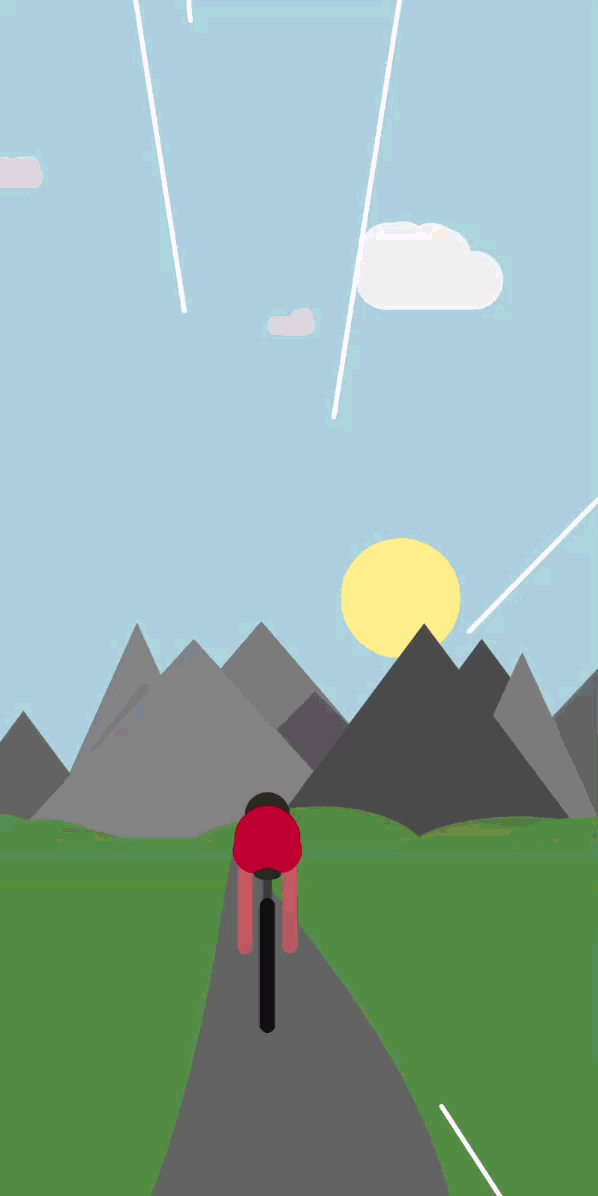 Cyclist moving infinitely towards mountains.