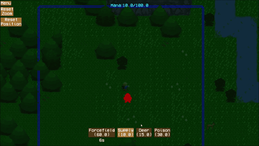A player being damaged surrounded by trees and a blue box.