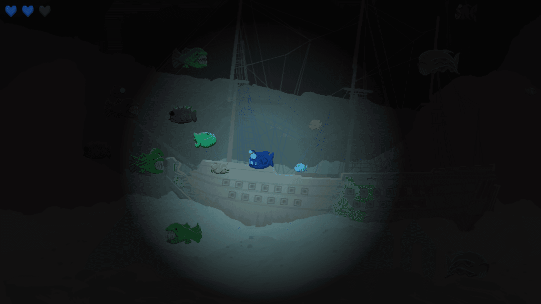 A fish having a circle of light around them while the surrounding is otherwise dark.