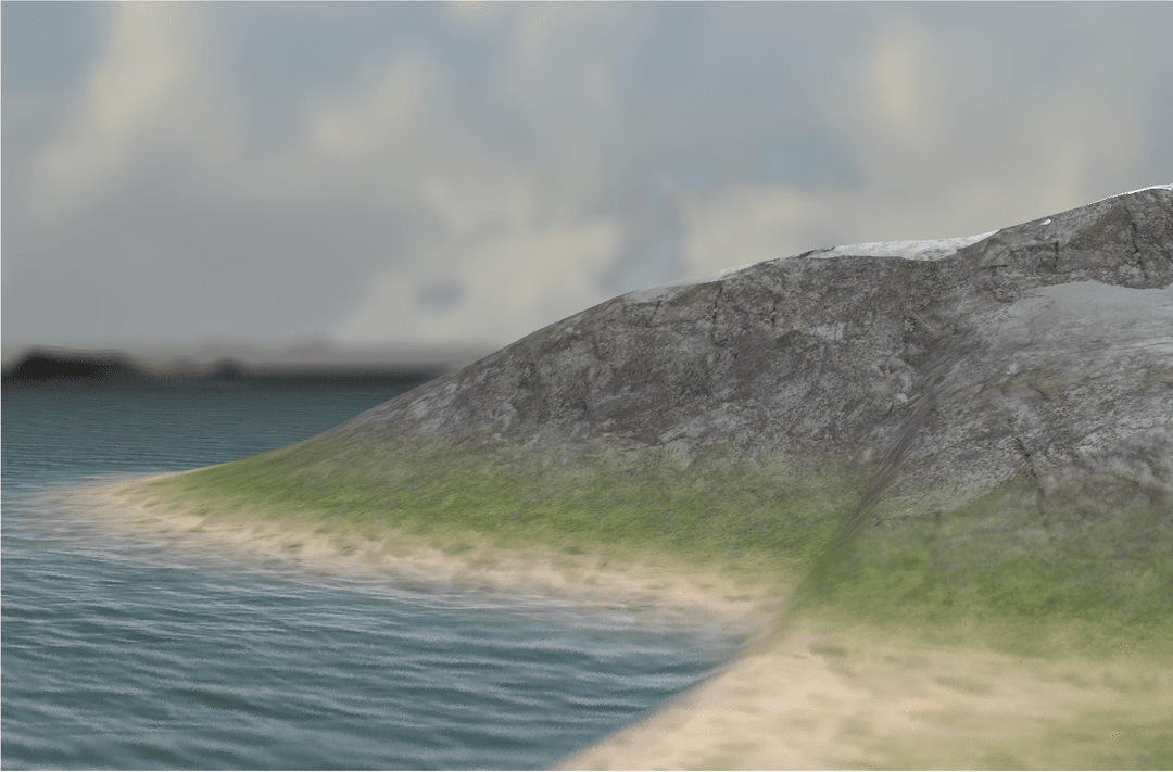 Focus on foreground, sky and far away objects are blurred.