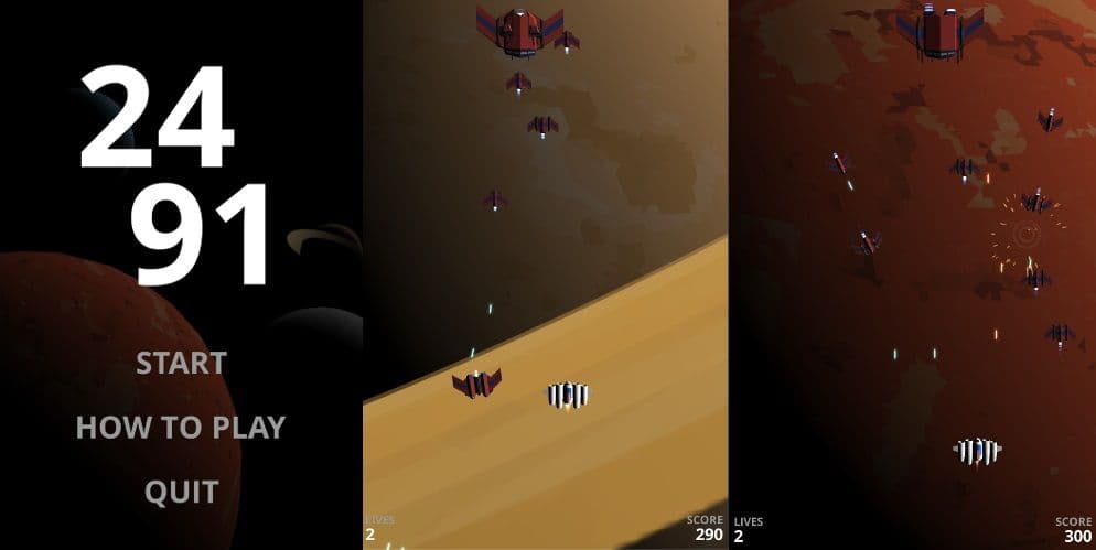 3 Screenshots of the game, left the main menu, center and right gameplay of the player spaceship shooting at enemy spaceships.