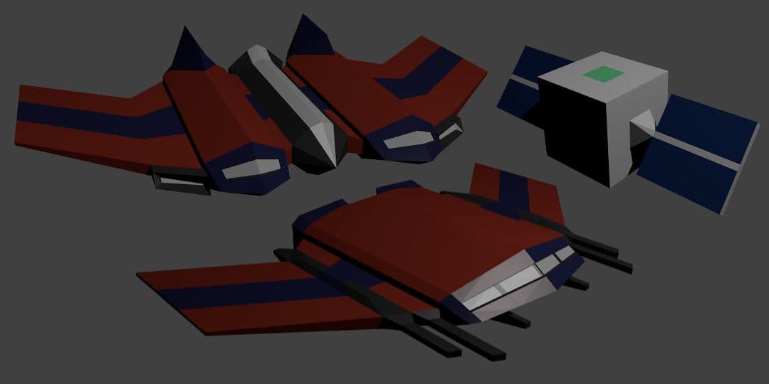Thre renderings of objects, two enemy spaceships, one satellite object.