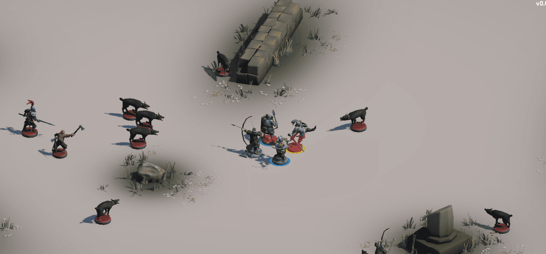 Four characters standing in a circle, being surrounded by enemies.