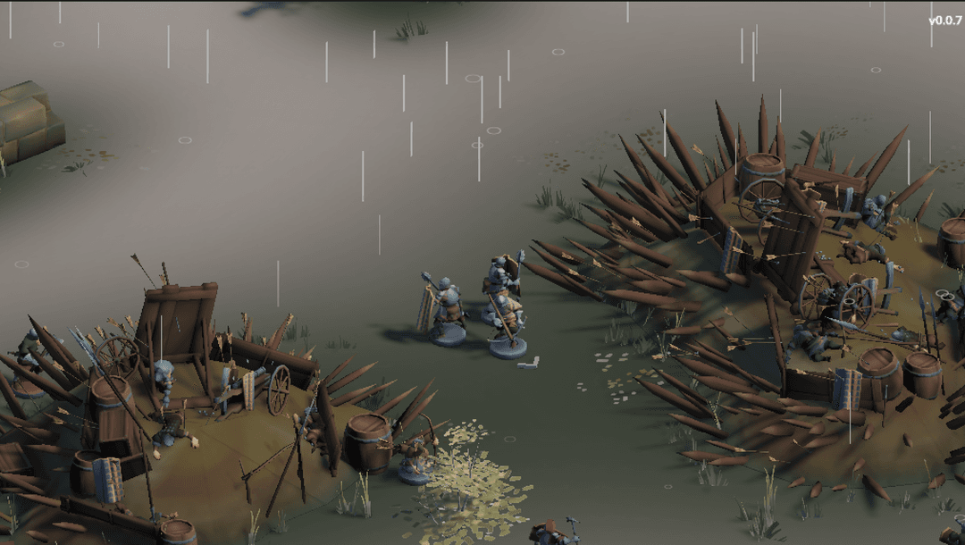 A group of characters standing between remains of a battlefield.