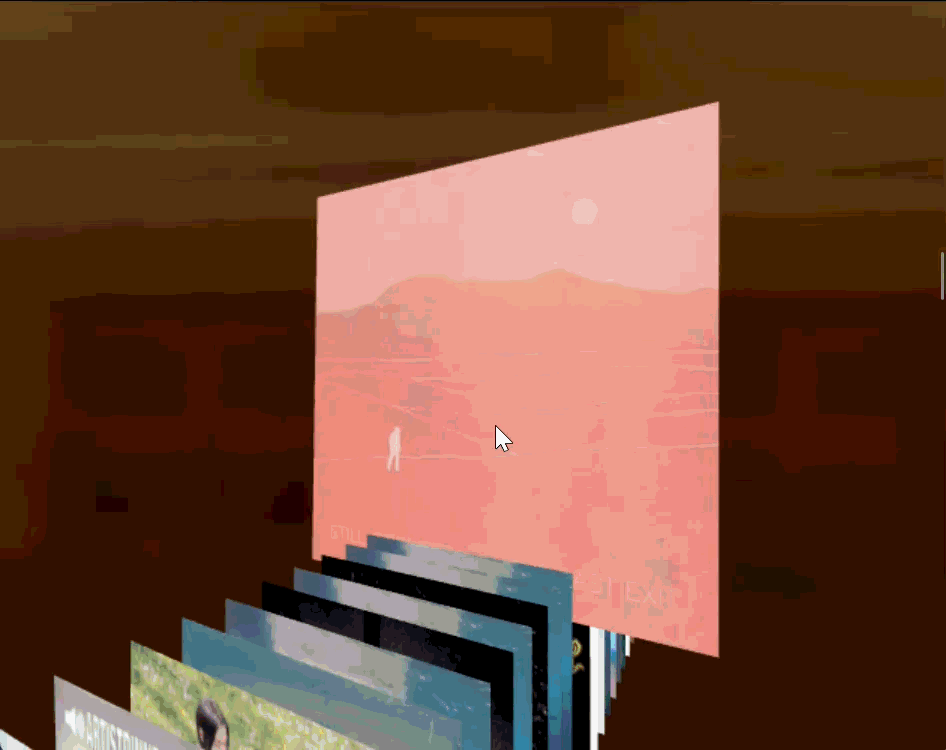 Image of album is clicked on, it then goes up while the camera follows. A record is animated out of the item and the background fades to another image.