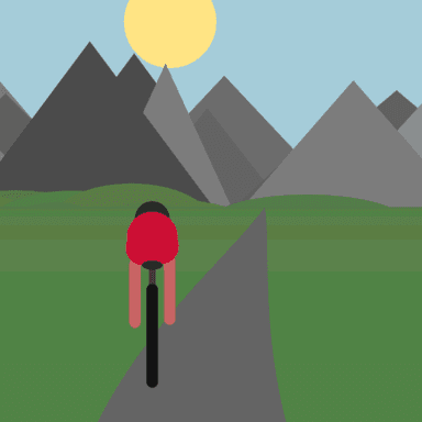 Cyclist on a road towards mountains.