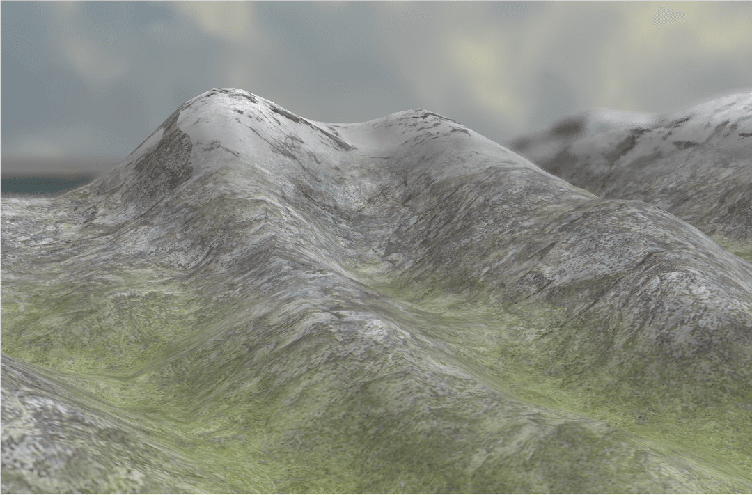 Focus on a mountain, further mountains and skybox are blurred.