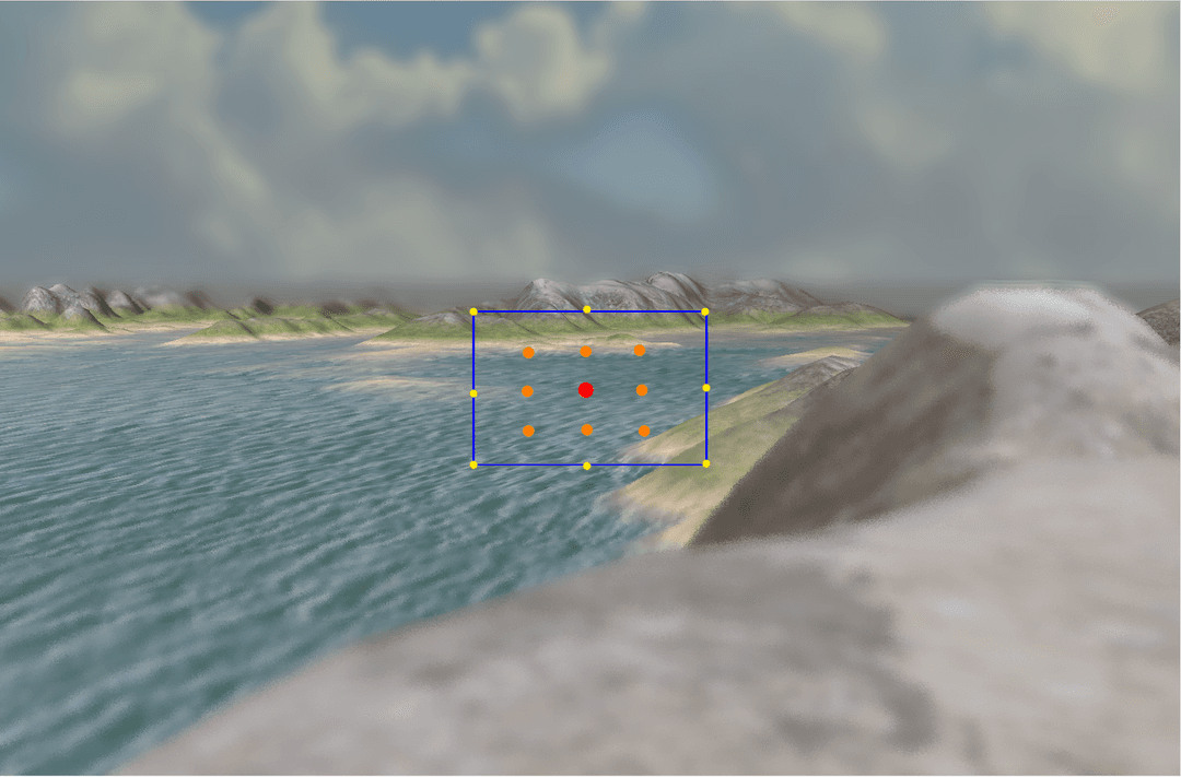 Foreground and sky are blurred, in the center of the image a blue box is shown with colored dots that are used for testing depth at different points.