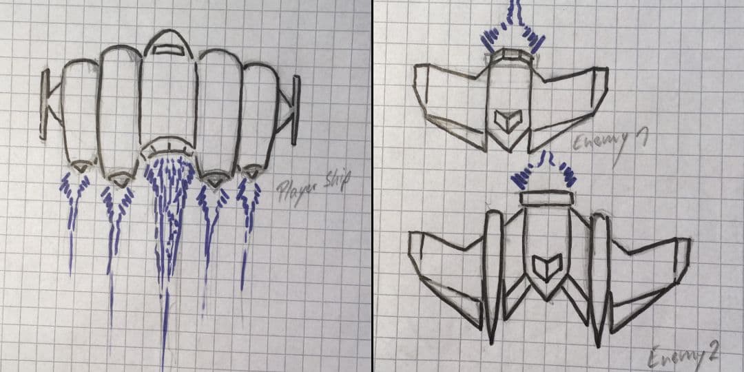 Concept art on plaid paper showing the player spaceship and two enemy spaceships.